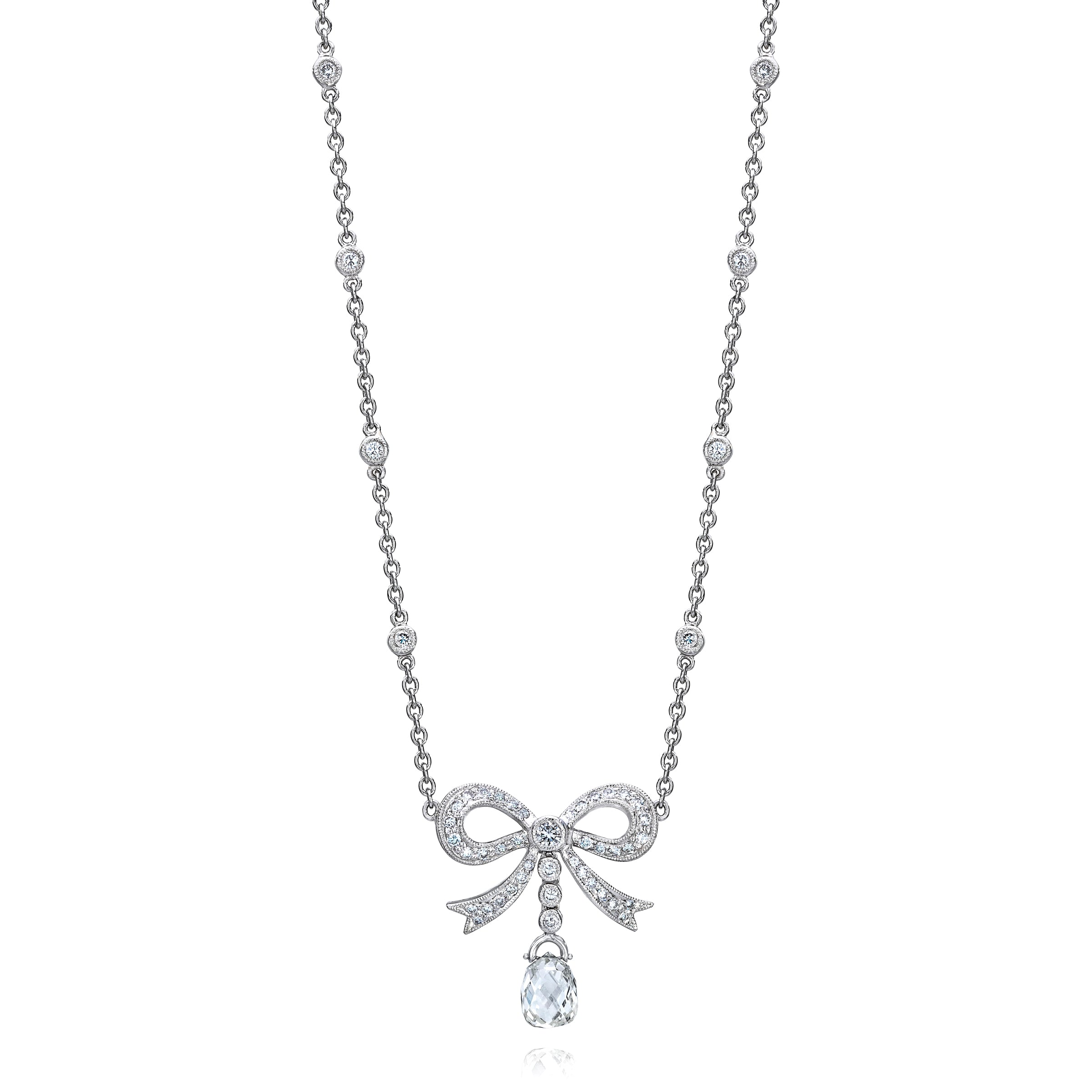 Diamond Necklace with Pave Bow and Briolette Drop